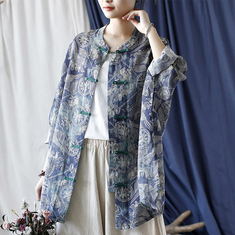 Buddha Stones Birds Flowers Geometry Frog-Button Long Sleeve Ramie Linen Jacket Shirt