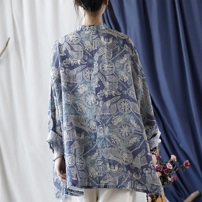 Buddha Stones Birds Flowers Geometry Frog-Button Long Sleeve Ramie Linen Jacket Shirt