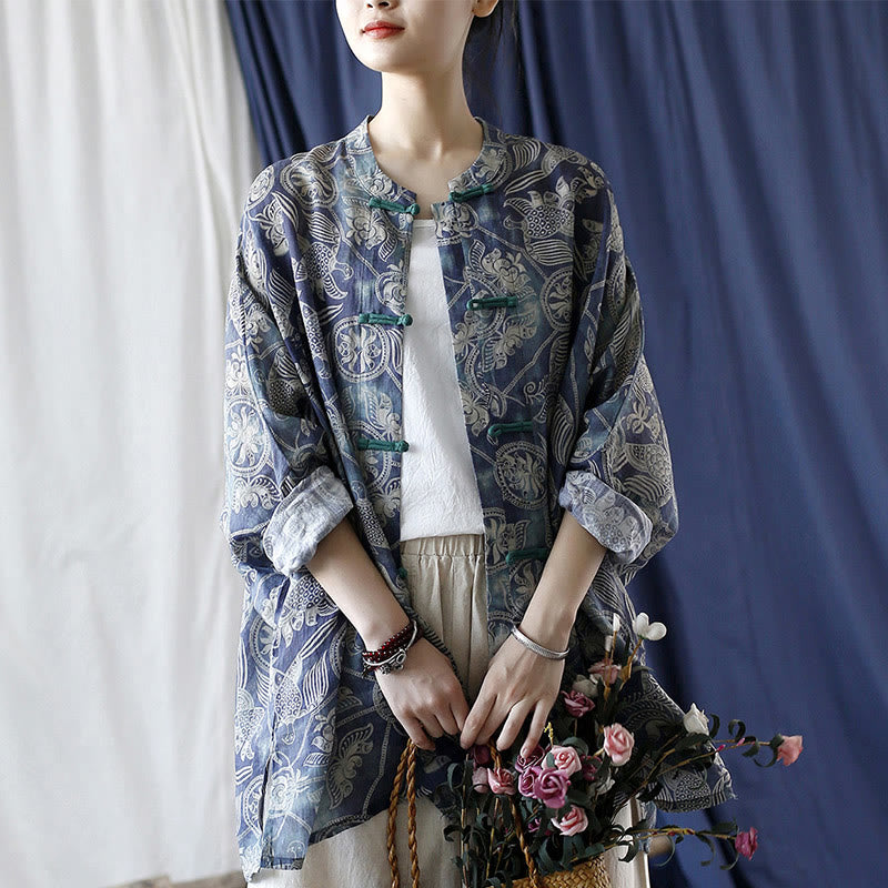 Buddha Stones Birds Flowers Geometry Frog-Button Long Sleeve Ramie Linen Jacket Shirt