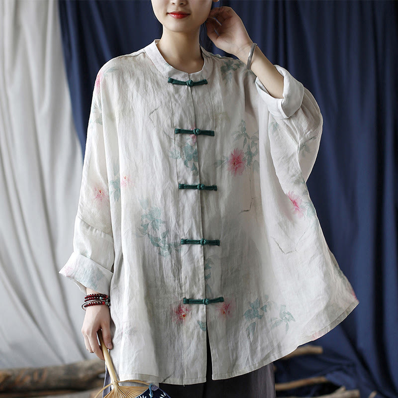 Buddha Stones White Red Flowers Green Leaves Frog-Button Long Sleeve Ramie Linen Jacket Shirt