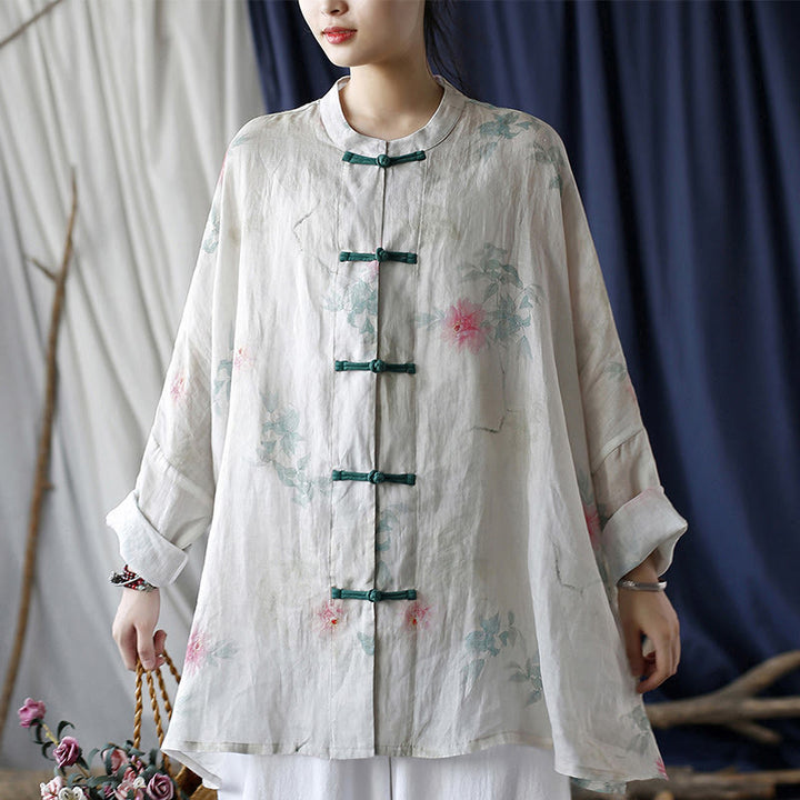 Buddha Stones White Red Flowers Green Leaves Frog-Button Long Sleeve Ramie Linen Jacket Shirt