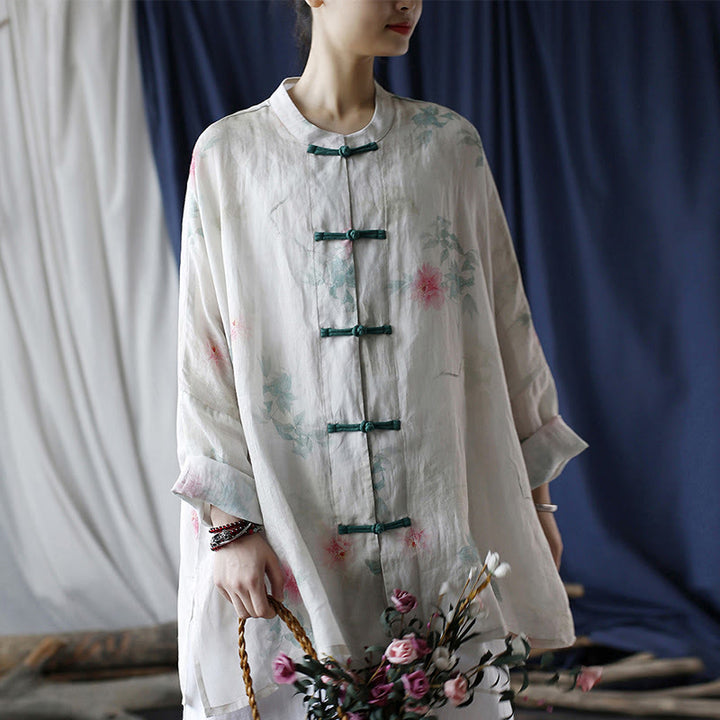 Buddha Stones White Red Flowers Green Leaves Frog-Button Long Sleeve Ramie Linen Jacket Shirt