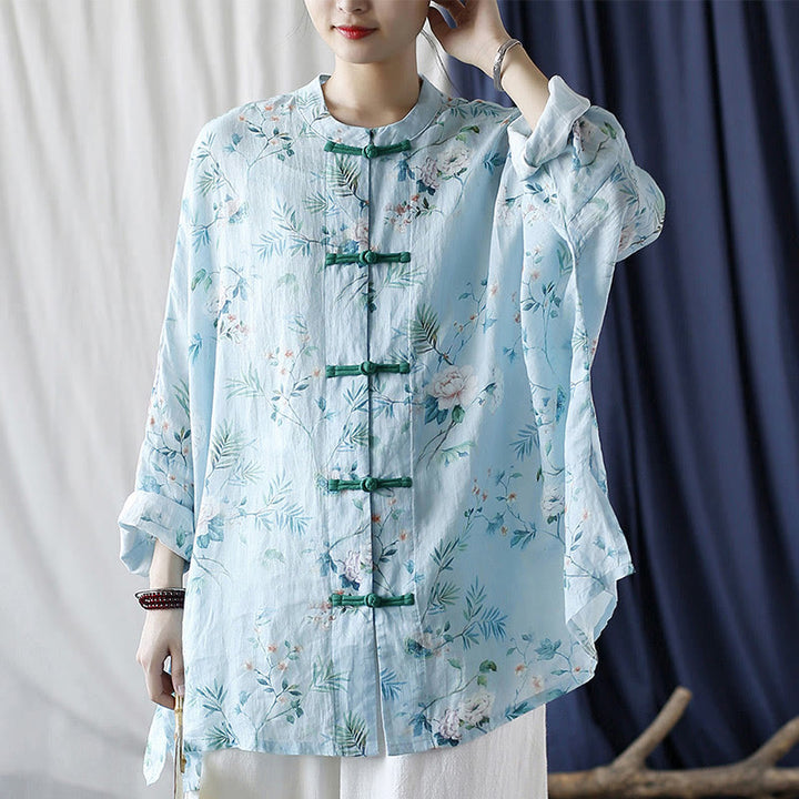 Buddha Stones Light Green Pink Flowers Green Leaves Frog-Button Long Sleeve Ramie Linen Jacket Shirt