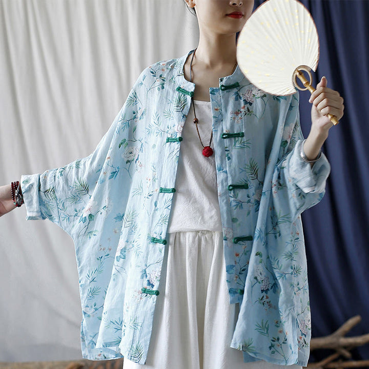 Buddha Stones Light Green Pink Flowers Green Leaves Frog-Button Long Sleeve Ramie Linen Jacket Shirt