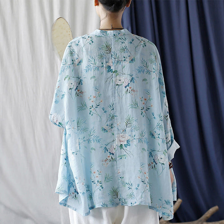 Buddha Stones Light Green Pink Flowers Green Leaves Frog-Button Long Sleeve Ramie Linen Jacket Shirt