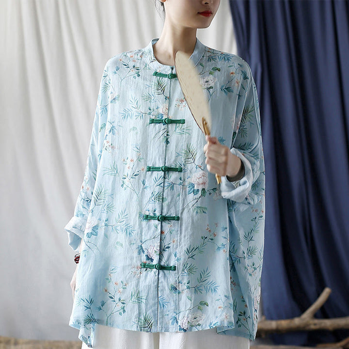 Buddha Stones Light Green Pink Flowers Green Leaves Frog-Button Long Sleeve Ramie Linen Jacket Shirt