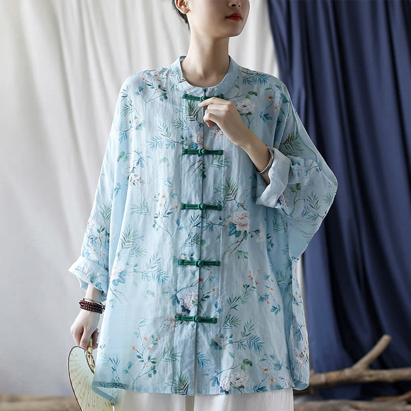 Buddha Stones Light Green Pink Flowers Green Leaves Frog-Button Long Sleeve Ramie Linen Jacket Shirt