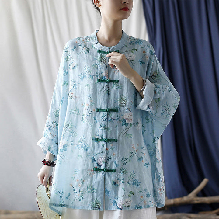 Buddha Stones Light Green Pink Flowers Green Leaves Frog-Button Long Sleeve Ramie Linen Jacket Shirt - image 33