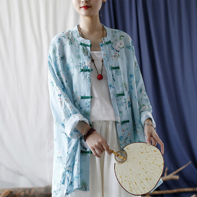 Buddha Stones Light Green Pink Flowers Green Leaves Frog-Button Long Sleeve Ramie Linen Jacket Shirt