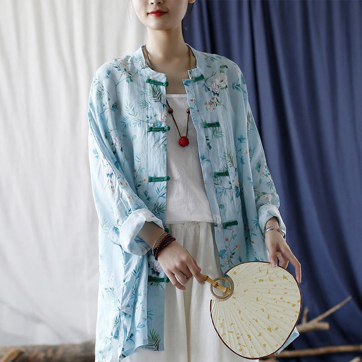 Buddha Stones Light Green Pink Flowers Green Leaves Frog-Button Long Sleeve Ramie Linen Jacket Shirt