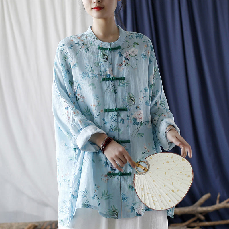 Buddha Stones Light Green Pink Flowers Green Leaves Frog-Button Long Sleeve Ramie Linen Jacket Shirt