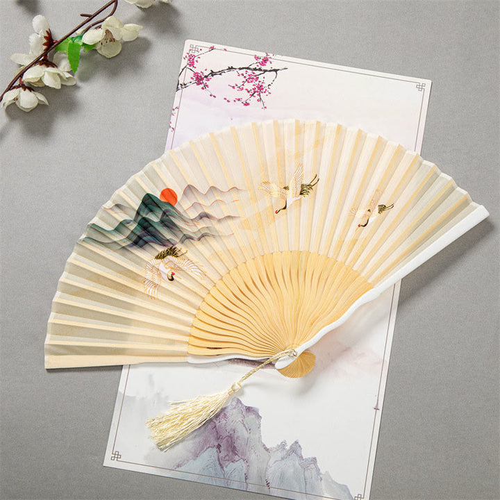 Buddha Stones Flying White Crane Sun Cloud Handheld Silk Bamboo Folding Fan 22cm - White Crane Sun 22cm - image 0