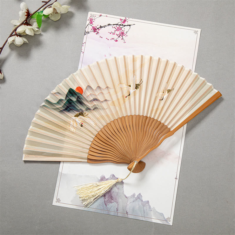 Buddha Stones Flying White Crane Sun Cloud Handheld Silk Bamboo Folding Fan 22cm - Brown Crane Sun 22cm - image 2