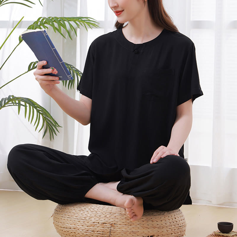 Buddha Stones 2Pcs Half Sleeve T-Shirt Pants Meditation Zen Tai Chi Cotton Linen Clothing Unisex Set - image 15