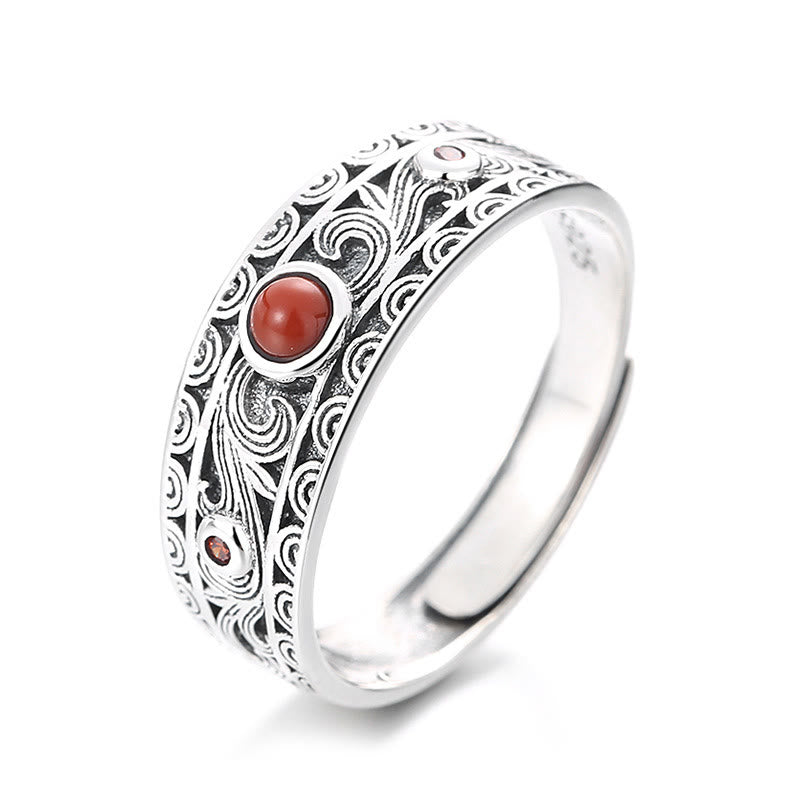 Buddha Stones 925 Sterling Silver Embedded Red Agate Auspicious Clouds Logical Thinking Ring - Red Agate Auspicious Clouds 3.1g(Adjustable) - image 1