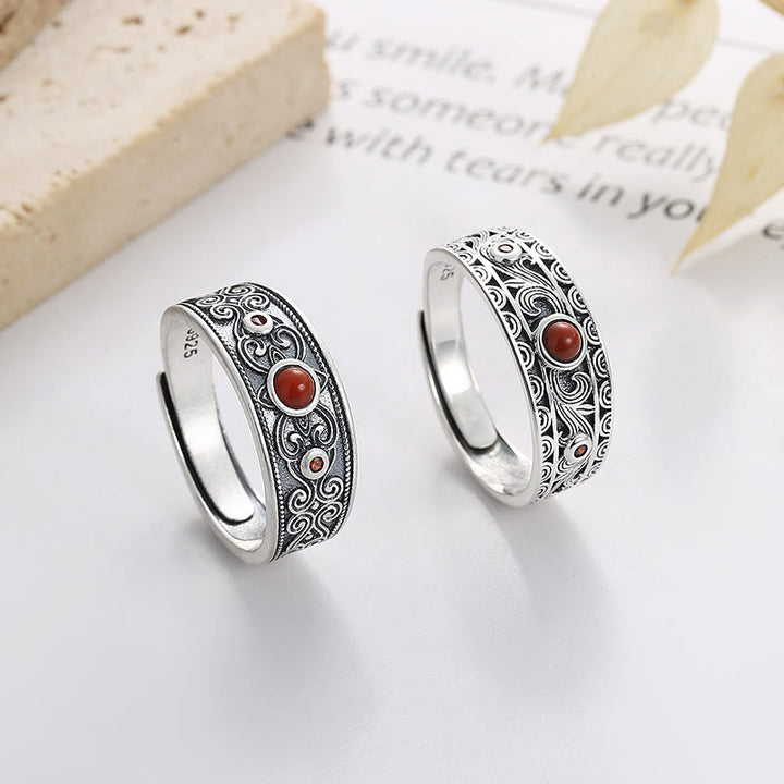 Buddha Stones 925 Sterling Silver Embedded Red Agate Auspicious Clouds Logical Thinking Ring - image 0
