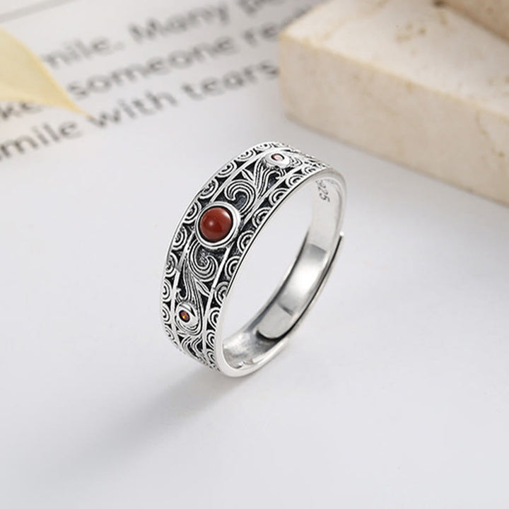 Buddha Stones 925 Sterling Silver Embedded Red Agate Auspicious Clouds Logical Thinking Ring - image 2