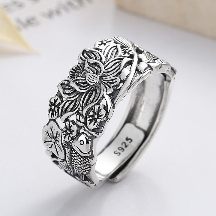 Buddha Stones 925 Sterling Silver Koi Fish Lotus Flower Prosperity Ring - image 6