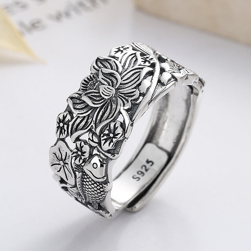 Buddha Stones 925 Sterling Silver Koi Fish Lotus Flower Prosperity Ring - image 6