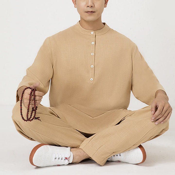 Buddha Stones 2Pcs Buttons Men's Three Quarter Sleeve Shirt Top Pants Meditation Zen Tai Chi Cotton Linen Clothing Set