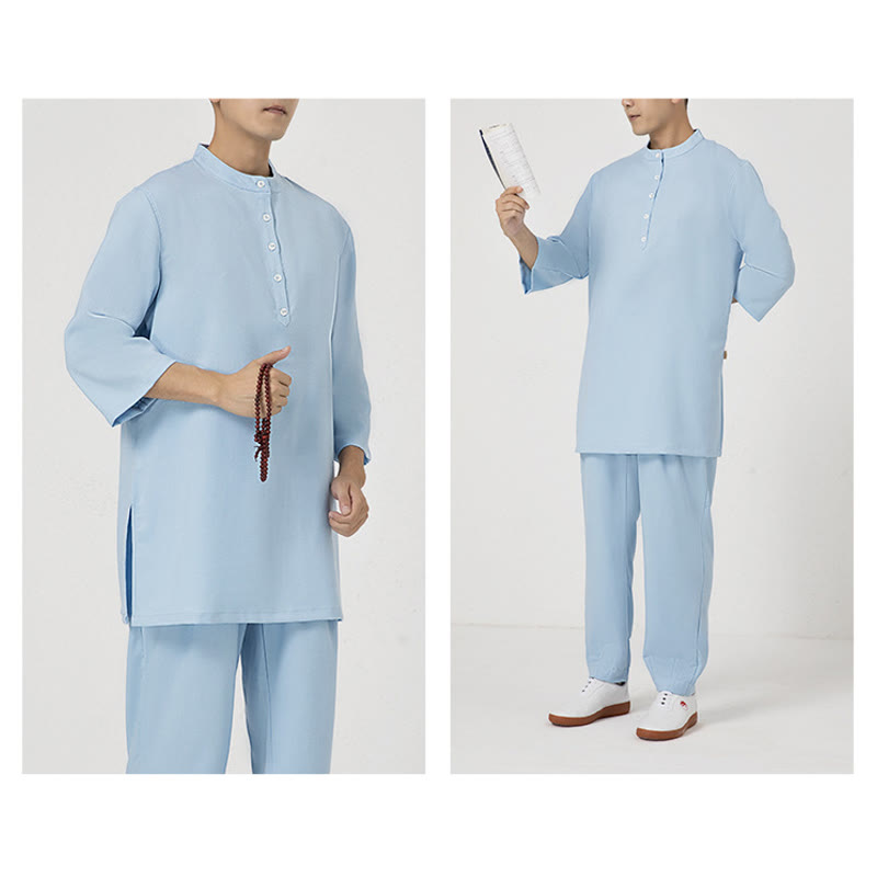 Buddha Stones 2Pcs Buttons Men's Three Quarter Sleeve Shirt Top Pants Meditation Zen Tai Chi Cotton Linen Clothing Set - image 9