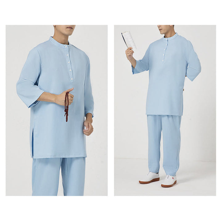 Buddha Stones 2Pcs Buttons Men's Three Quarter Sleeve Shirt Top Pants Meditation Zen Tai Chi Cotton Linen Clothing Set - image 9
