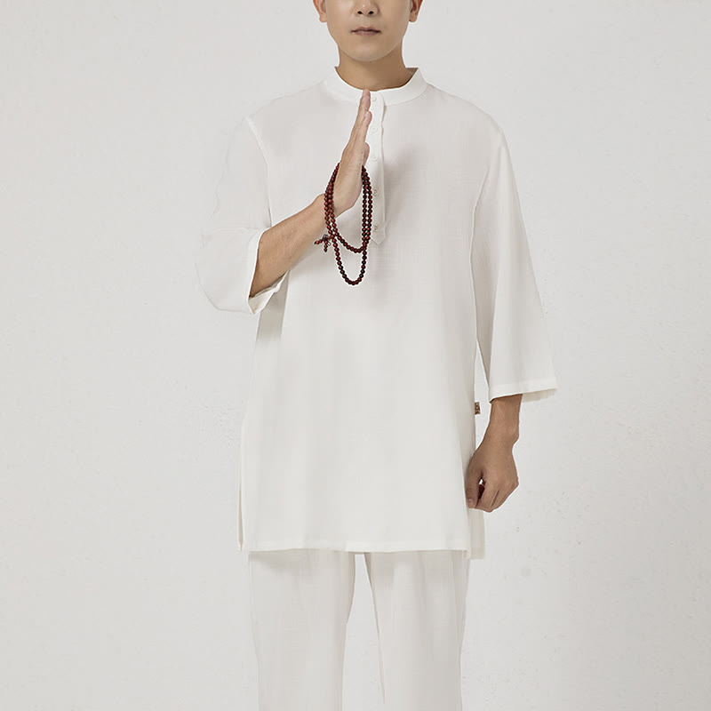 Buddha Stones 2Pcs Buttons Men's Three Quarter Sleeve Shirt Top Pants Meditation Zen Tai Chi Cotton Linen Clothing Set - image 1