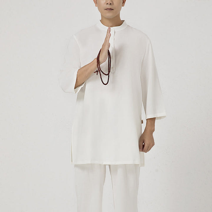Buddha Stones 2Pcs Buttons Men's Three Quarter Sleeve Shirt Top Pants Meditation Zen Tai Chi Cotton Linen Clothing Set - image 1