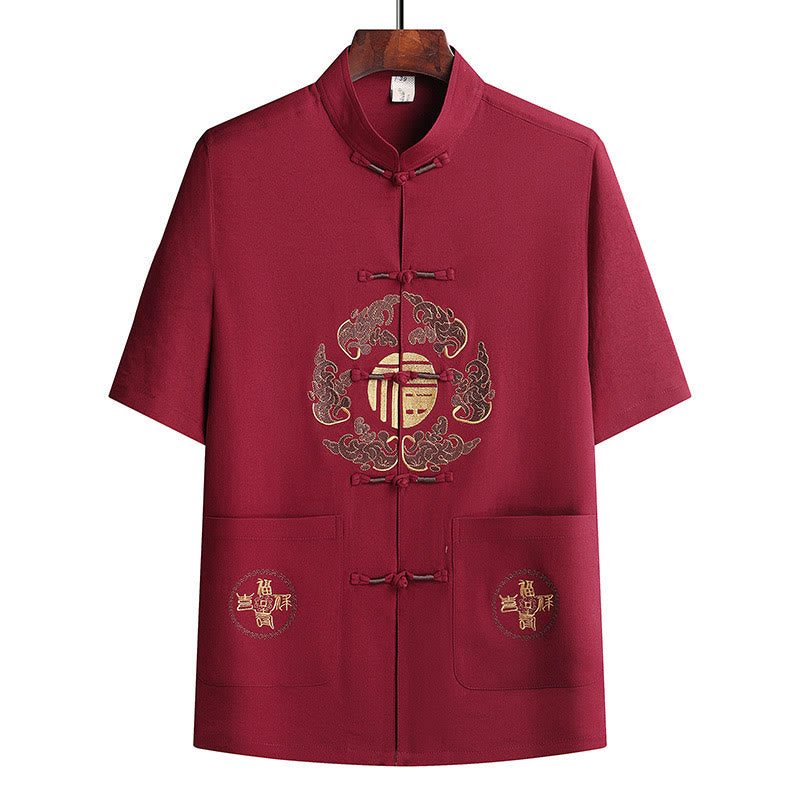 Buddha Stones Fu Character Tang Suit Hanfu Traditional Uniform Short Sleeve Top Pants Clothing Men's Set - image 22