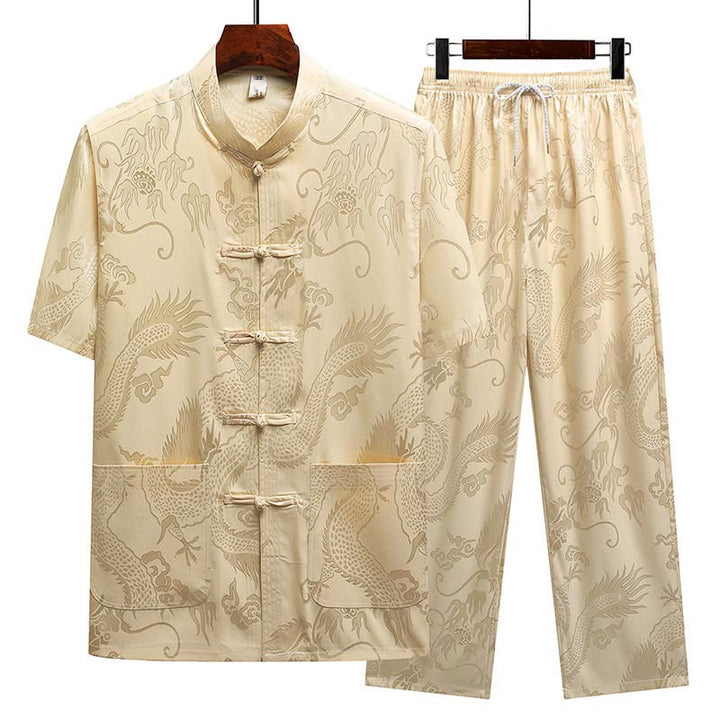 Buddha Stones Dragon Pattern Tang Suit Hanfu Traditional Uniform Short Sleeve Top Pants Clothing Men's Set - Beige(Top&Pants) - US/UK/AU44，EU54 (4XL) - image 14