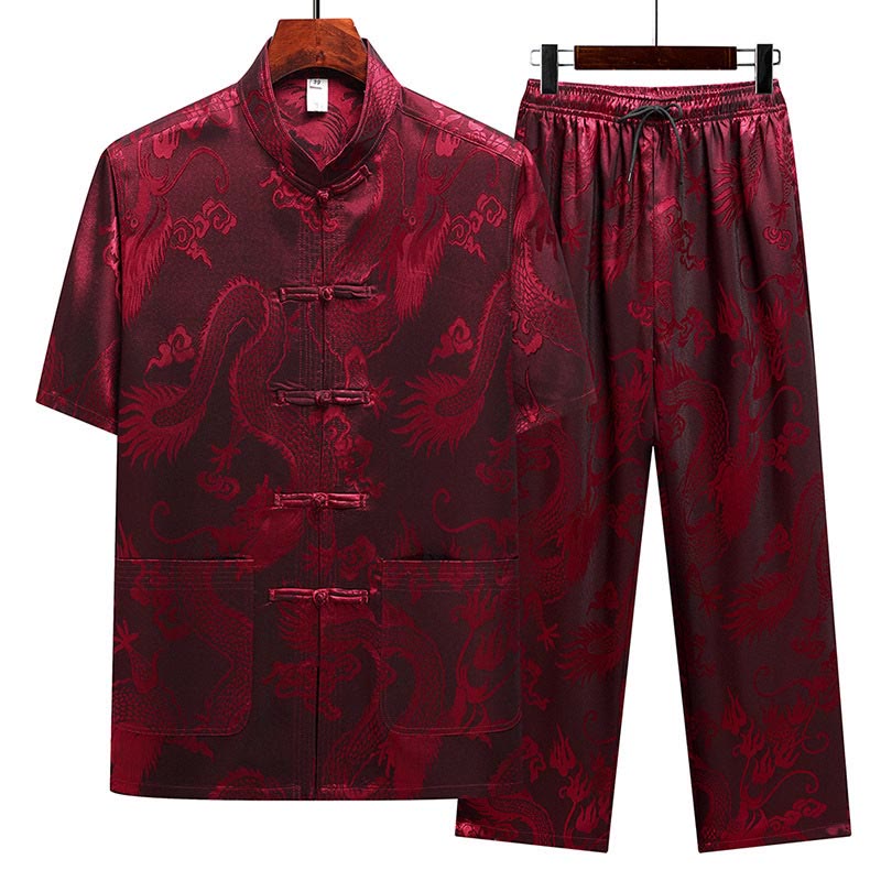 Buddha Stones Dragon Pattern Tang Suit Hanfu Traditional Uniform Short Sleeve Top Pants Clothing Men's Set - Red(Top&Pants) - US/UK/AU44，EU54 (4XL) - image 20