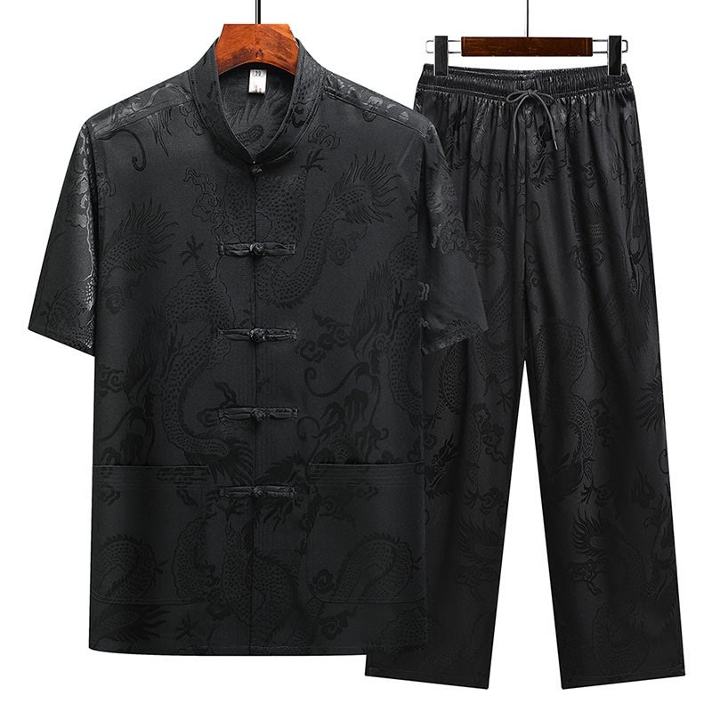 Buddha Stones Dragon Pattern Tang Suit Hanfu Traditional Uniform Short Sleeve Top Pants Clothing Men's Set - Black(Top&Pants) - US/UK/AU44，EU54 (4XL) - image 26