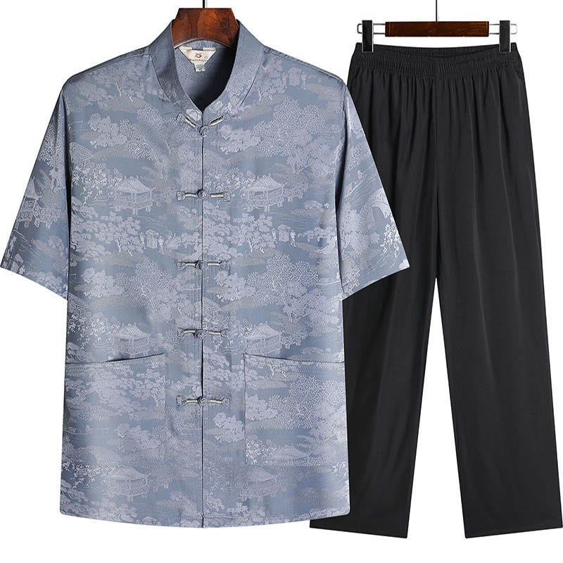 Buddha Stones Pine Tree Pavilion Garden Tang Suit Hanfu Traditional Uniform Short Sleeve Top Pants Clothing Men's Set - Gray - Top&Pants - US/UK/AU44，EU54 (4XL) - image 1