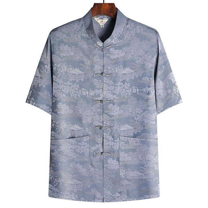 Buddha Stones Pine Tree Pavilion Garden Tang Suit Hanfu Traditional Uniform Short Sleeve Top Pants Clothing Men's Set - Gray - Top - US/UK/AU44，EU54 (4XL) - image 1