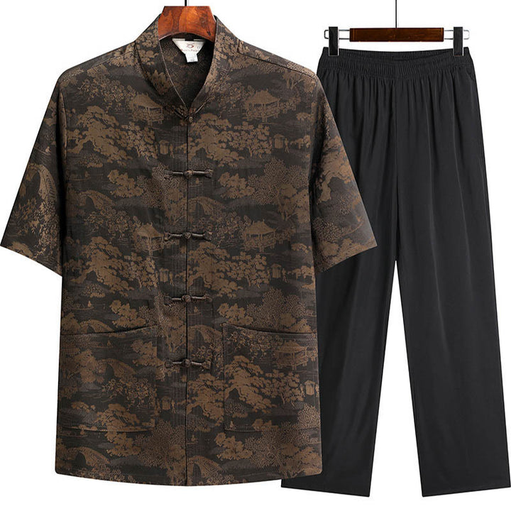 Buddha Stones Pine Tree Pavilion Garden Tang Suit Hanfu Traditional Uniform Short Sleeve Top Pants Clothing Men's Set - Brown - Top&Pants - US/UK/AU44，EU54 (4XL) - image 3