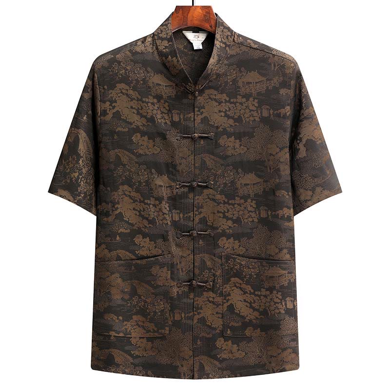 Buddha Stones Pine Tree Pavilion Garden Tang Suit Hanfu Traditional Uniform Short Sleeve Top Pants Clothing Men's Set - Brown - Top - US/UK/AU44，EU54 (4XL) - image 4