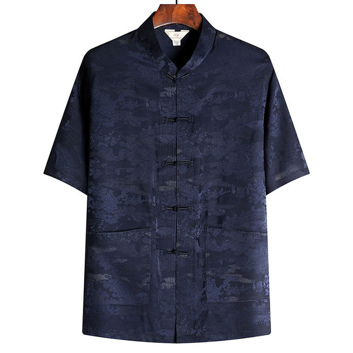 Buddha Stones Pine Tree Pavilion Garden Tang Suit Hanfu Traditional Uniform Short Sleeve Top Pants Clothing Men's Set - Navy Blue - Top - US/UK/AU44，EU54 (4XL) - image 10