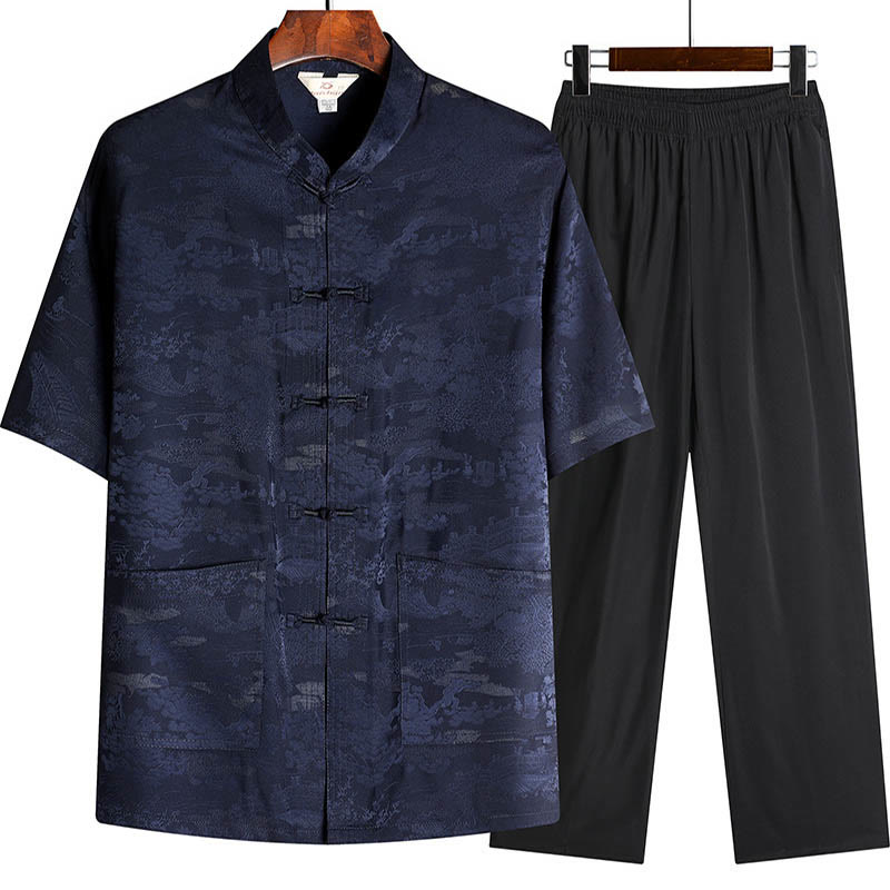 Buddha Stones Pine Tree Pavilion Garden Tang Suit Hanfu Traditional Uniform Short Sleeve Top Pants Clothing Men's Set - Navy Blue - Top&Pants - US/UK/AU44，EU54 (4XL) - image 10