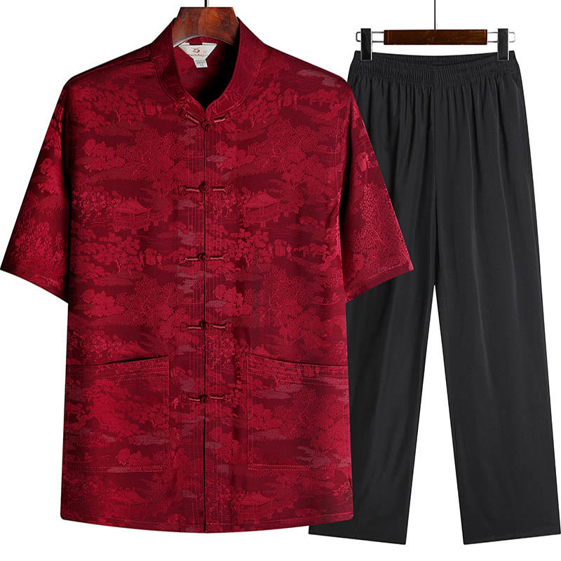 Buddha Stones Pine Tree Pavilion Garden Tang Suit Hanfu Traditional Uniform Short Sleeve Top Pants Clothing Men's Set - Red - Top&Pants - US/UK/AU44，EU54 (4XL) - image 11