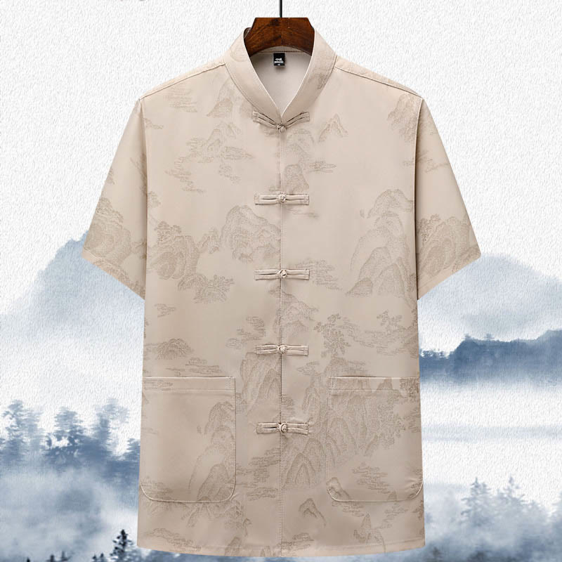 Buddha Stones Mountains Trees Tang Suit Hanfu Traditional Uniform Short Sleeve Top Pants Clothing Men's Set