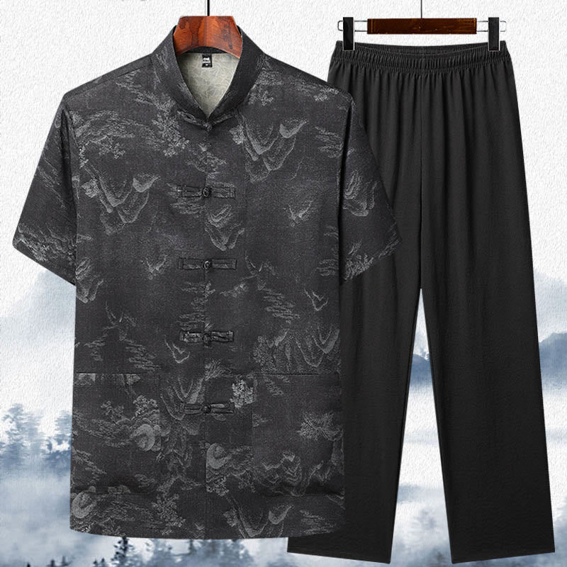 Buddha Stones Mountains Trees Tang Suit Hanfu Traditional Uniform Short Sleeve Top Pants Clothing Men's Set - Black - Top&Pants - US/UK/AU42，EU52 (3XL)  - image 11