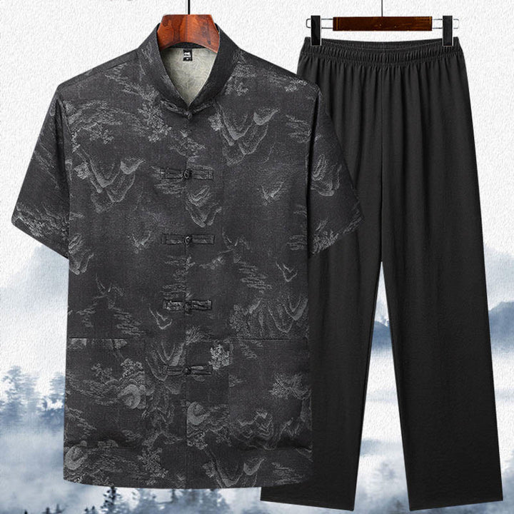 Buddha Stones Mountains Trees Tang Suit Hanfu Traditional Uniform Short Sleeve Top Pants Clothing Men's Set - Black - Top&Pants - US/UK/AU42，EU52 (3XL)  - image 11