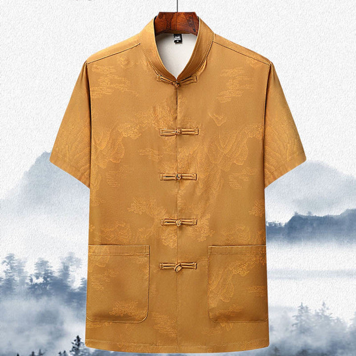 Buddha Stones Mountains Trees Tang Suit Hanfu Traditional Uniform Short Sleeve Top Pants Clothing Men's Set - Yellow - Top - US/UK/AU42，EU52 (3XL)  - image 14