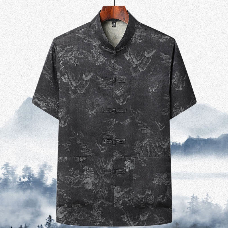 Buddha Stones Mountains Trees Tang Suit Hanfu Traditional Uniform Short Sleeve Top Pants Clothing Men's Set - Black - Top - US/UK/AU42，EU52 (3XL)  - image 12