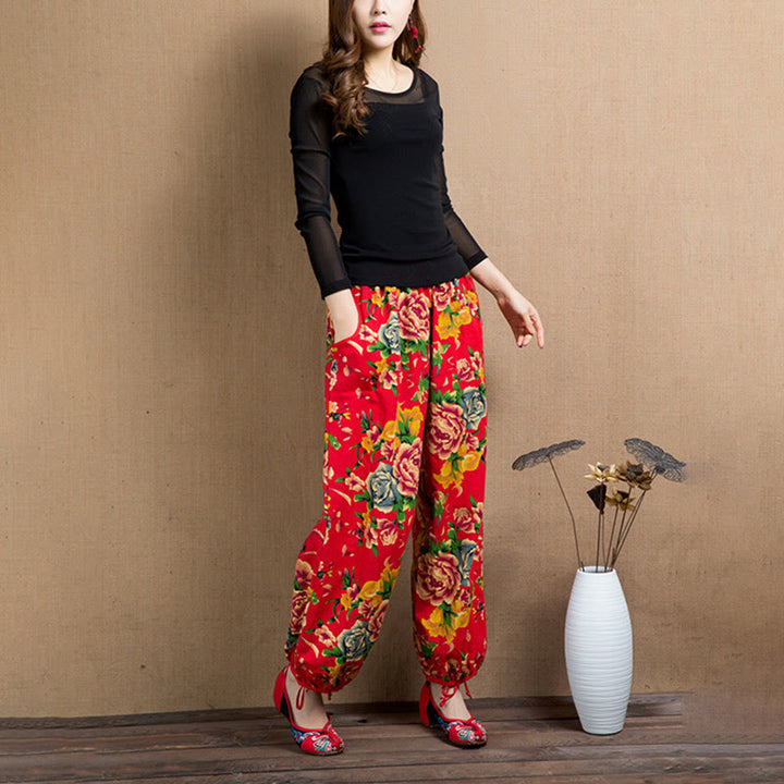 Buddha Stones Ethnic Style Red Green Flowers Print Harem Pants With Pockets - image 8