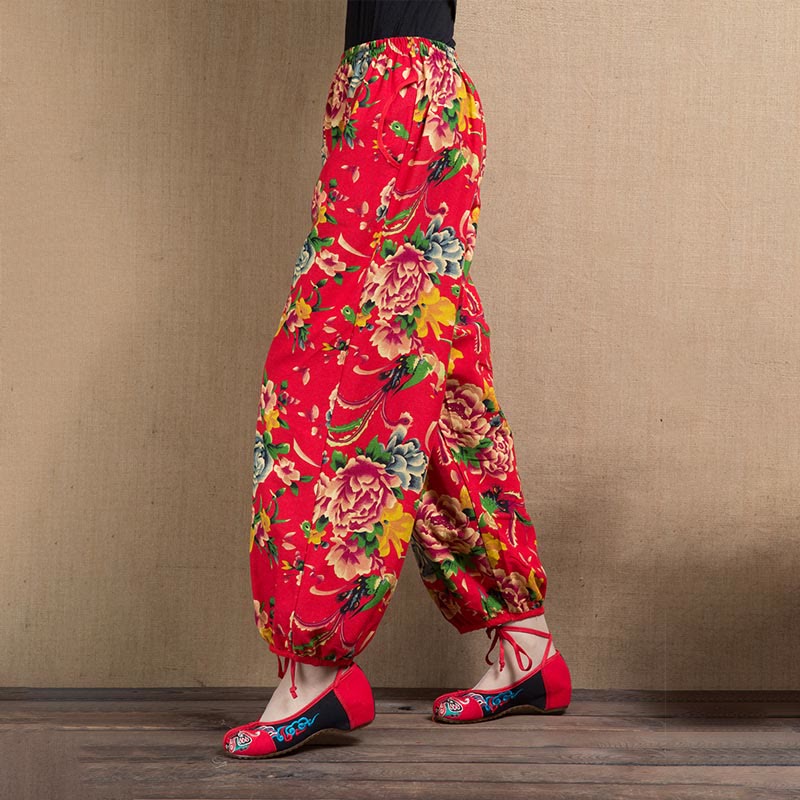 Buddha Stones Ethnic Style Red Green Flowers Print Harem Pants With Pockets - image 1