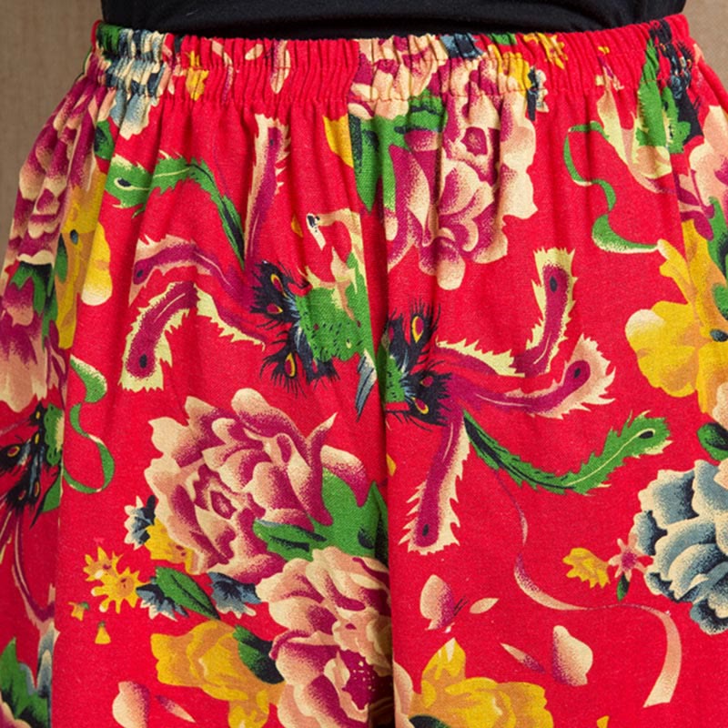 Buddha Stones Ethnic Style Red Green Flowers Print Harem Pants With Pockets - image 3