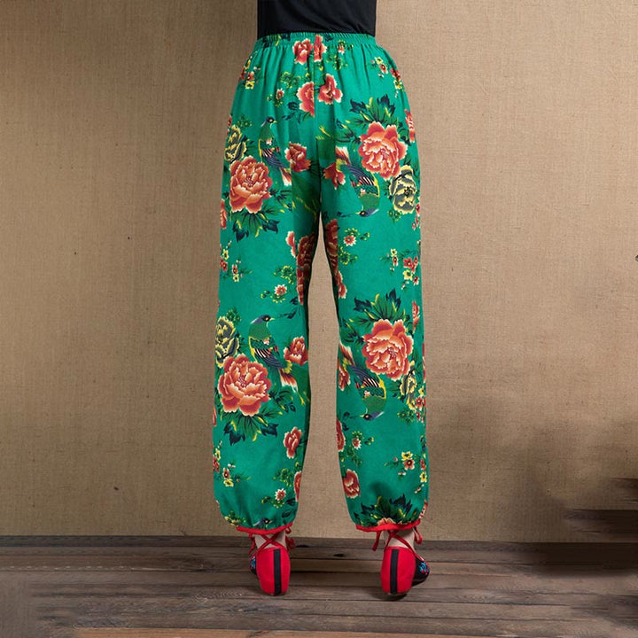 Buddha Stones Ethnic Style Red Green Flowers Print Harem Pants With Pockets - image 11