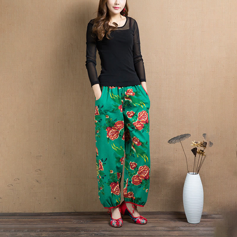 Buddha Stones Ethnic Style Red Green Flowers Print Harem Pants With Pockets - image 15