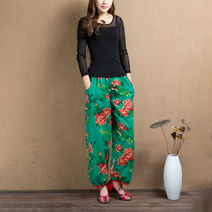 Buddha Stones Ethnic Style Red Green Flowers Print Harem Pants With Pockets - image 15
